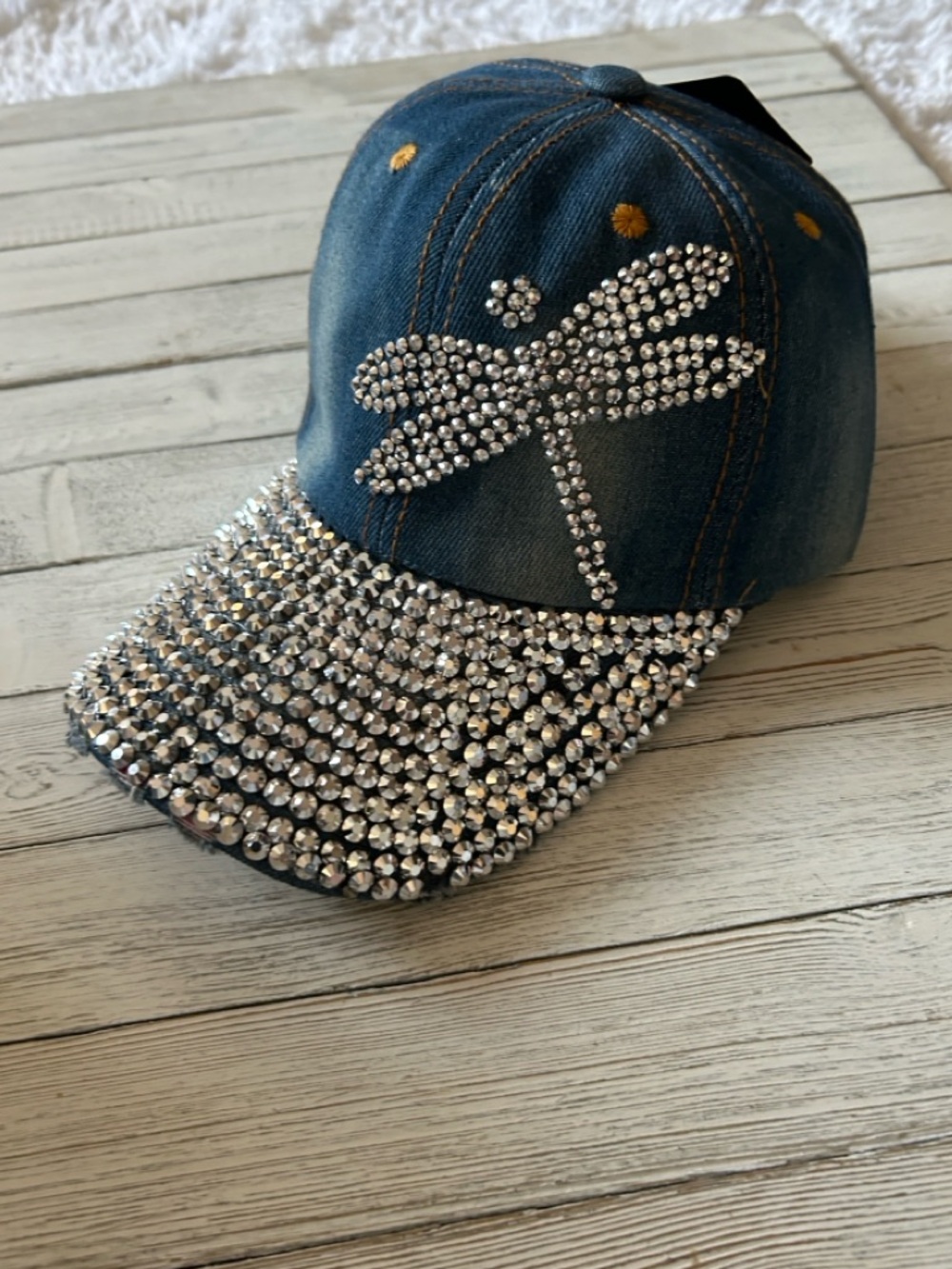 Rhinestone Dragonfly Denim Baseball Cap - Blue - Picture 3 of 6